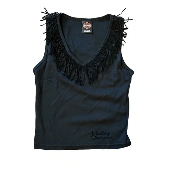 Harley-Davidson Tops - Harley Davidson Womens Small Black Fringe V-Neck Sleevless Tank Top EUC Kentucky